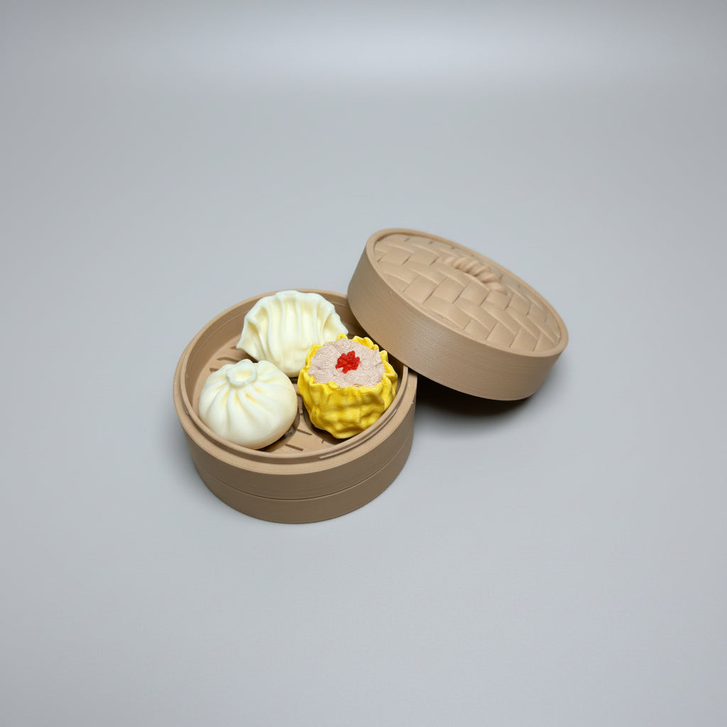 A miniature toy steamer basket set on a light wood tabletop, featuring a beige woven-texture lid propped open next to two small dumplings and a yellow dumpling with a red filling detail.