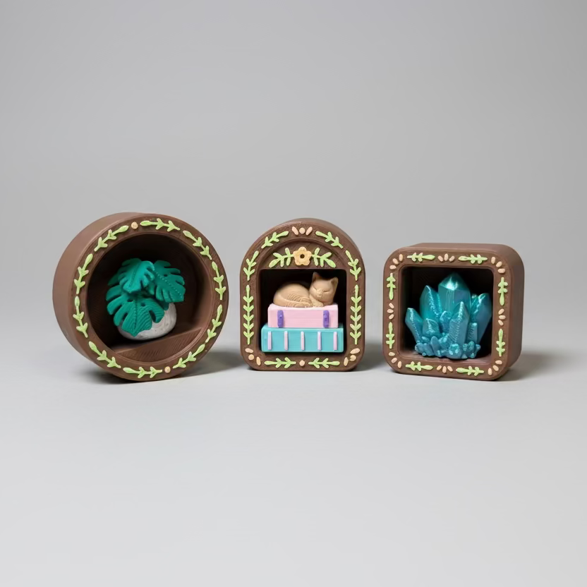 Three small decorative boxes with plants and books on a wooden surface
