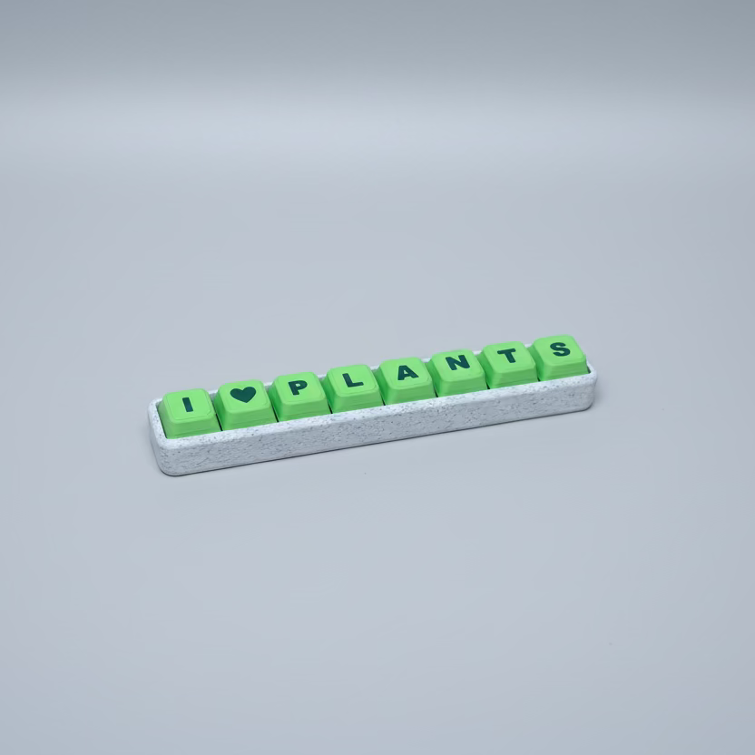 Green letter block set spelling 'I ❤️ PLANTS' on a wooden surface