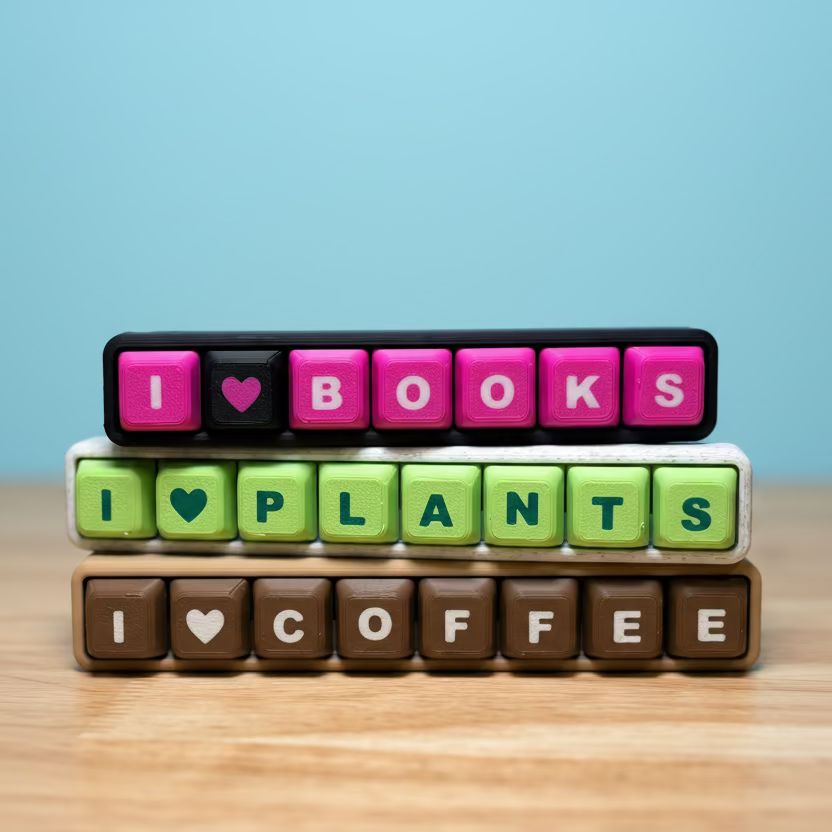 Stack of Fidget Clickers with 'I ❤️ BOOKS', 'I ❤️ PLANTS', and 'I ❤️ COFFEE' text on a wooden surface.