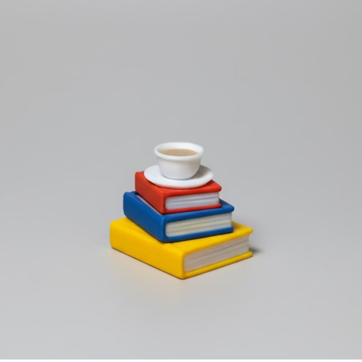 Stack of colorful books with a white cup on a gray background