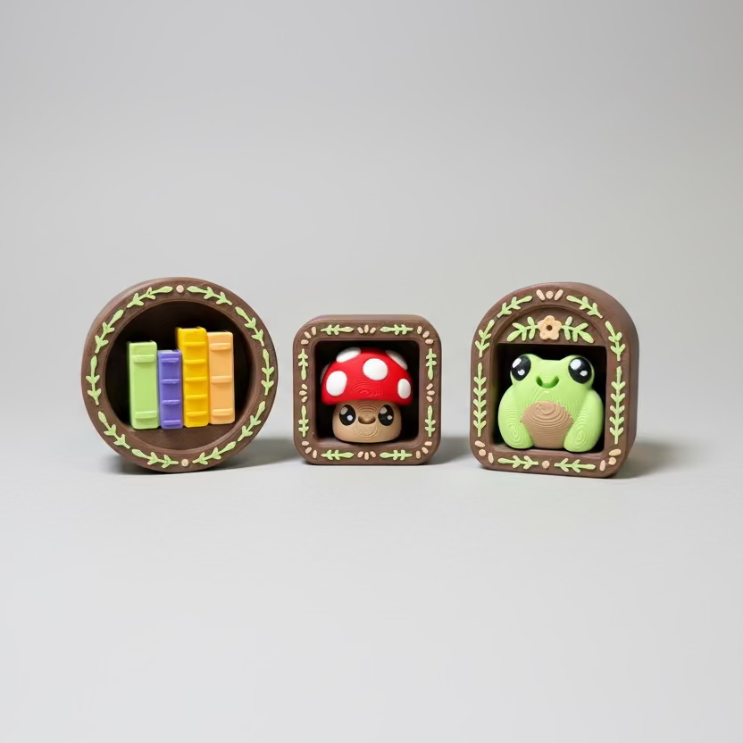 Three small figurines in decorative wooden frames on a wooden surface.
