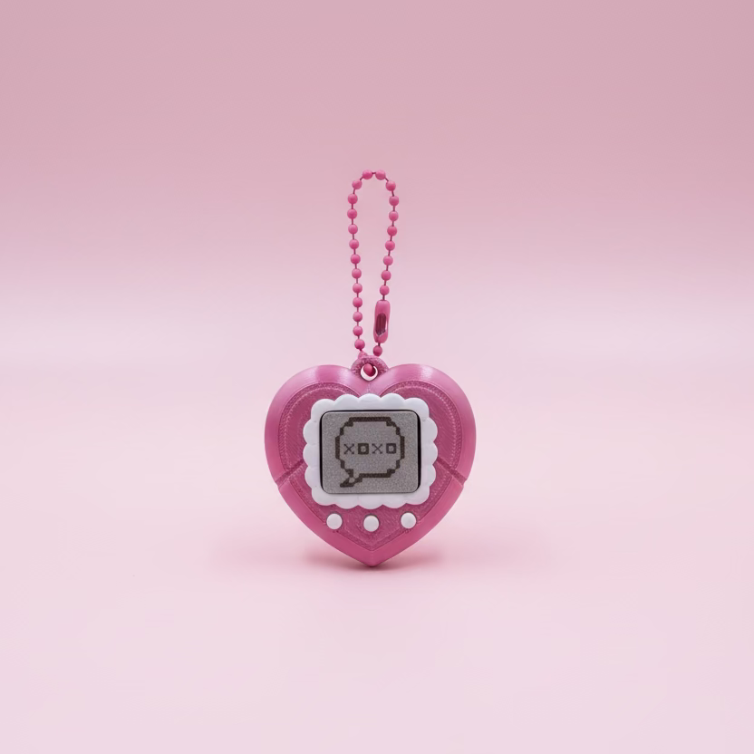 Pink heart-shaped toy with 'xoxo' text on a pink surface