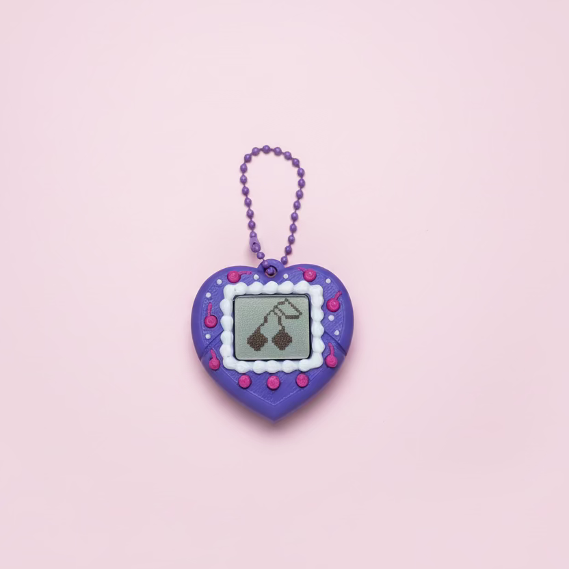 Heart-shaped purple keychain with a small picture on a pink surface