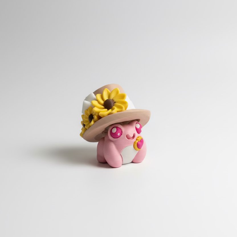 Pink character figurine with a sunflower hat on a grey surface