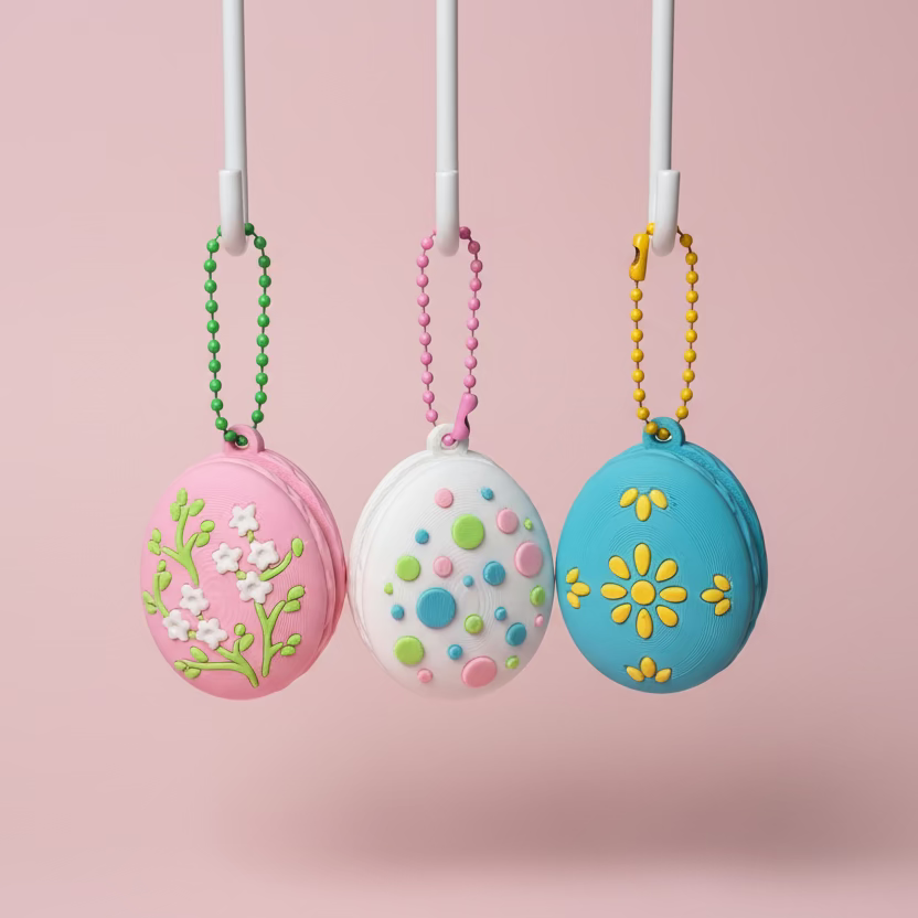 Three decorative macaron-shaped keychains on a pegboard.