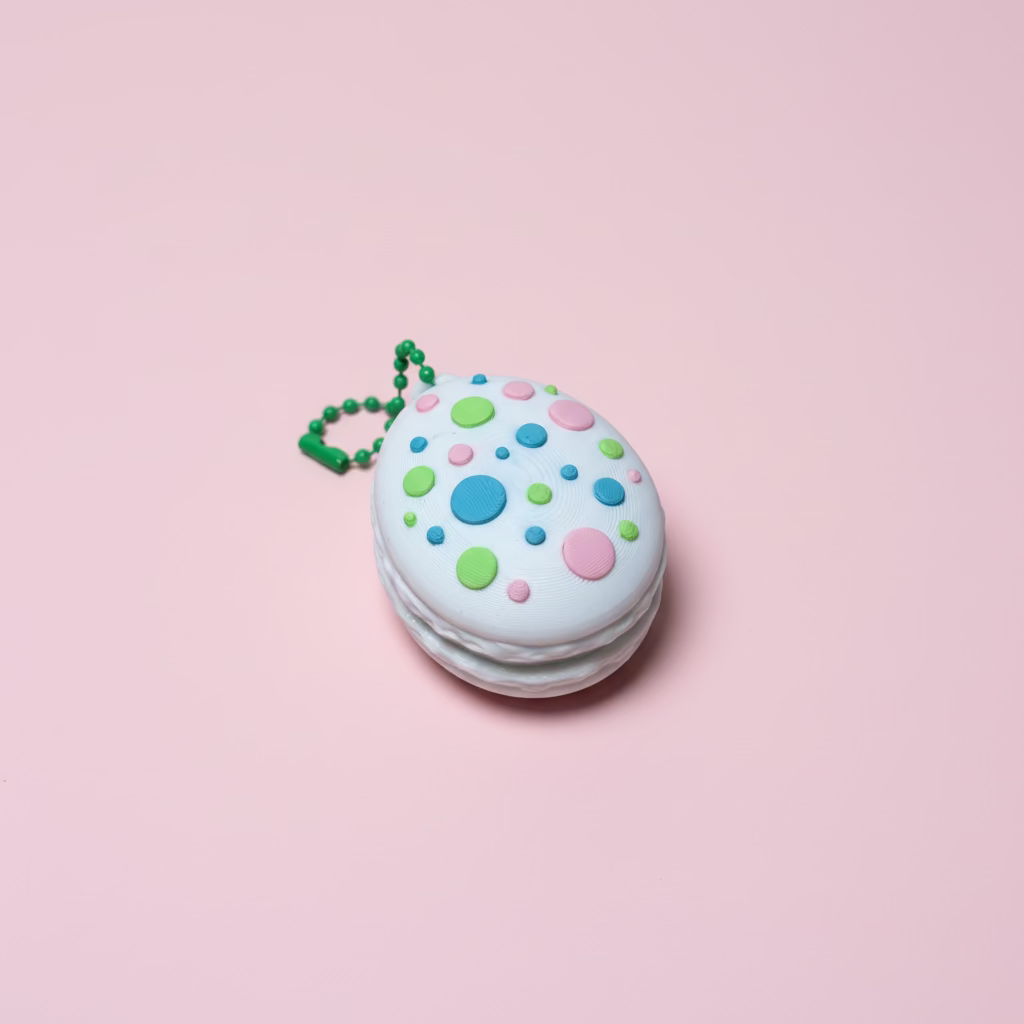 Decorative keychain shaped like a polka dot cookie on a wooden surface