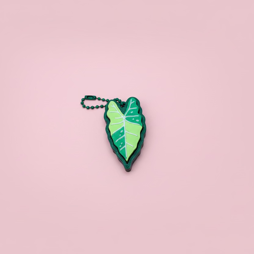 Green leaf-shaped keychain on a pink surface