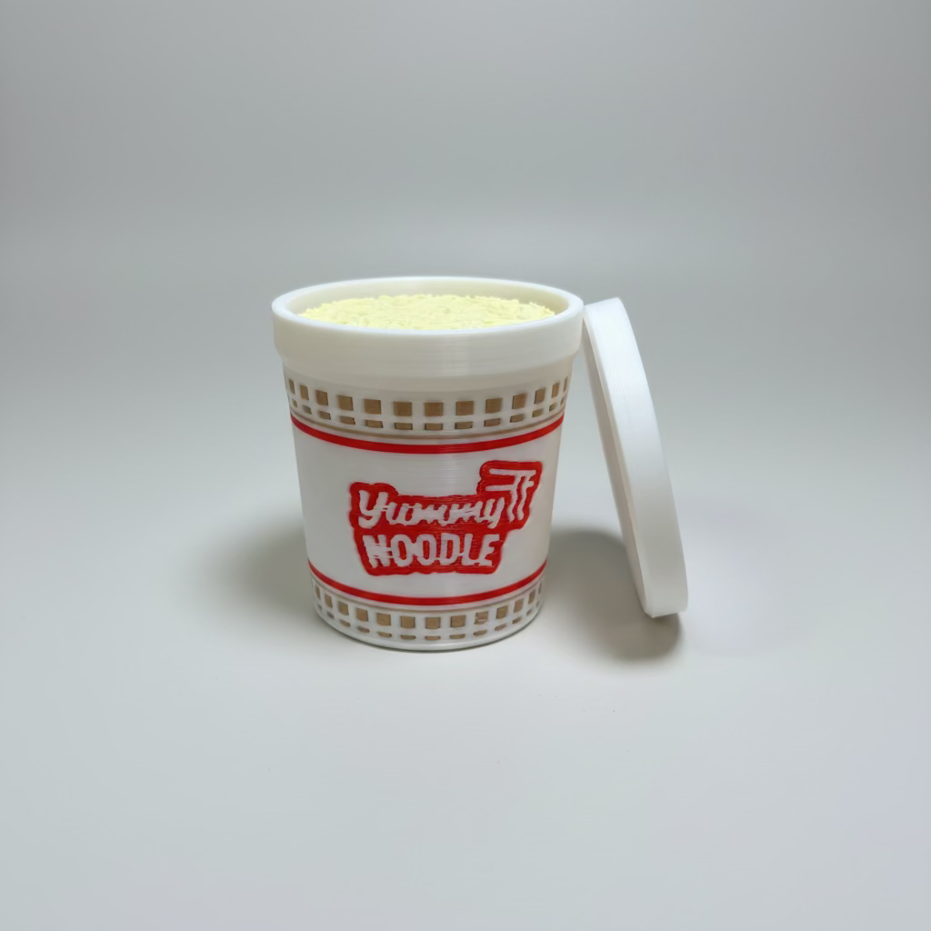 Yummy Noodle cup on a wooden surface with a blurred background