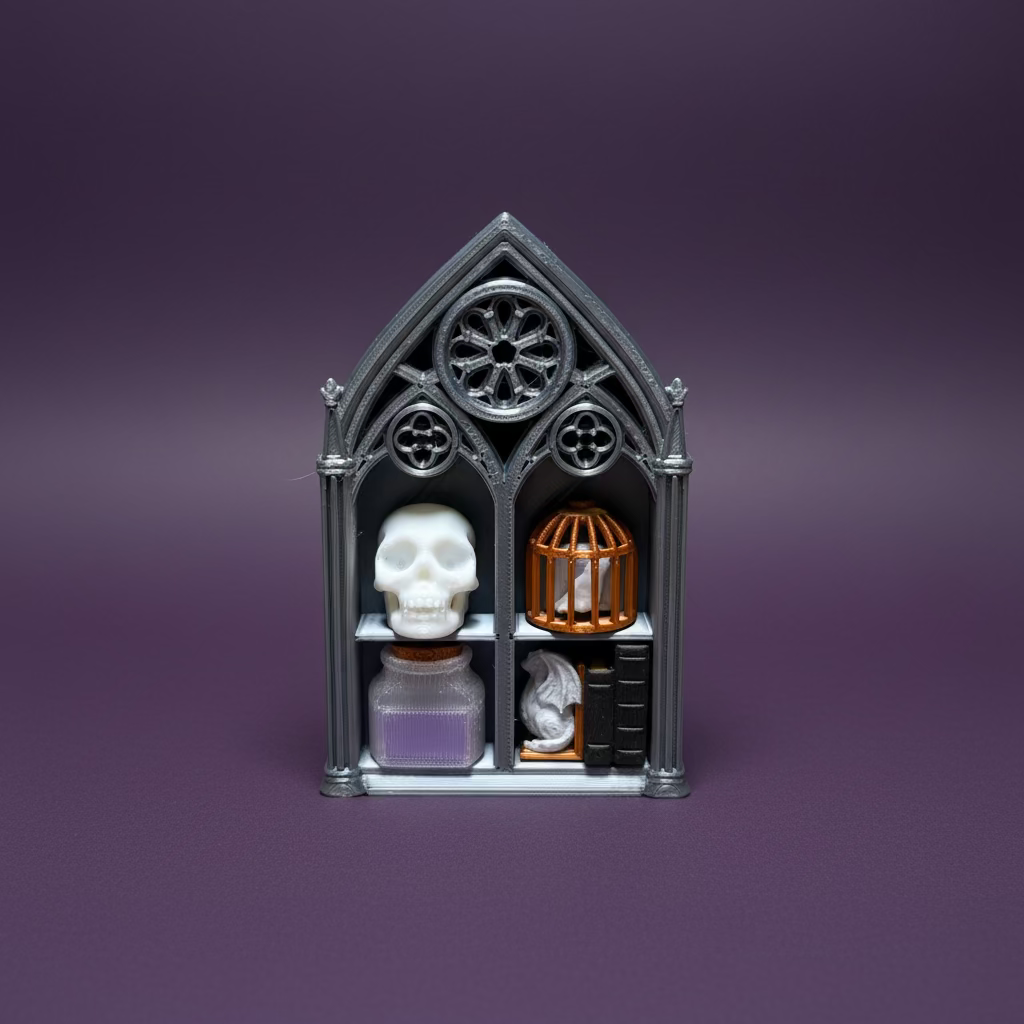 Gothic-style miniature cabinet with a skull, cage, and other items on a wooden surface.