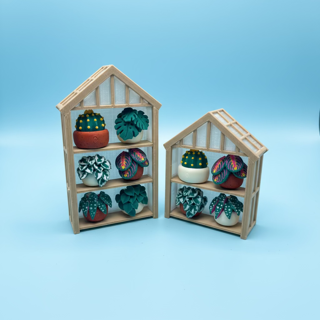 Two wooden display houses with decorative items on a wooden surface.